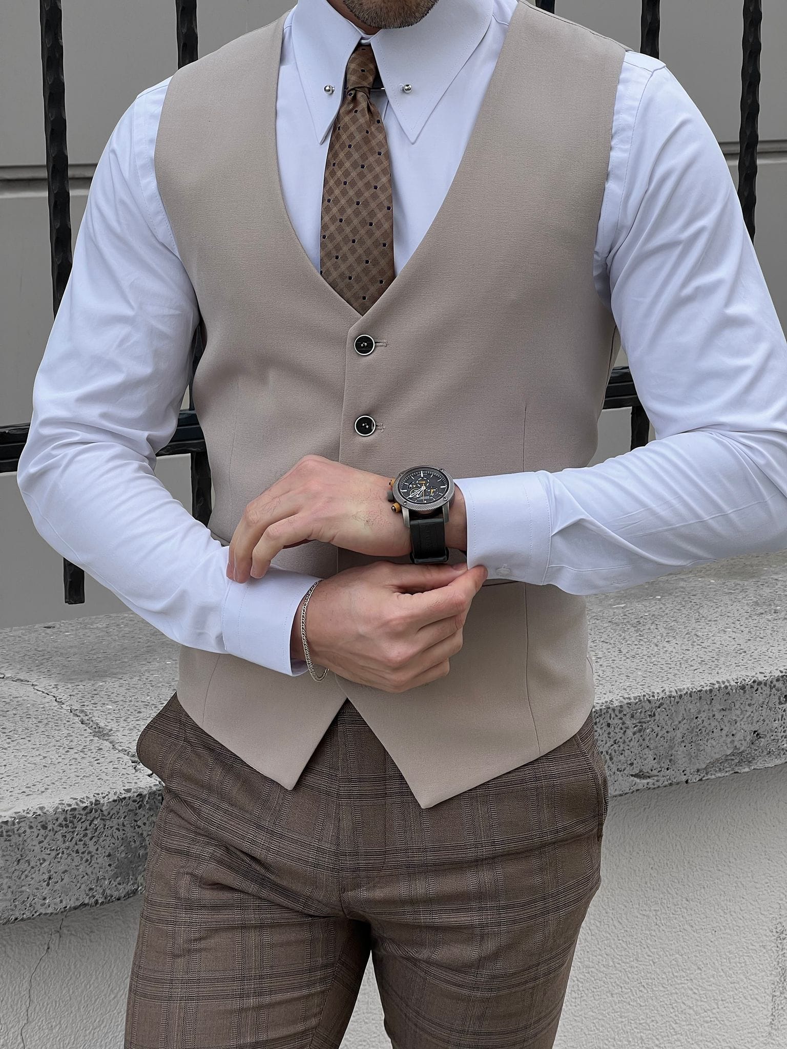 Slim Fit Beige Wool Waistcoat for Men