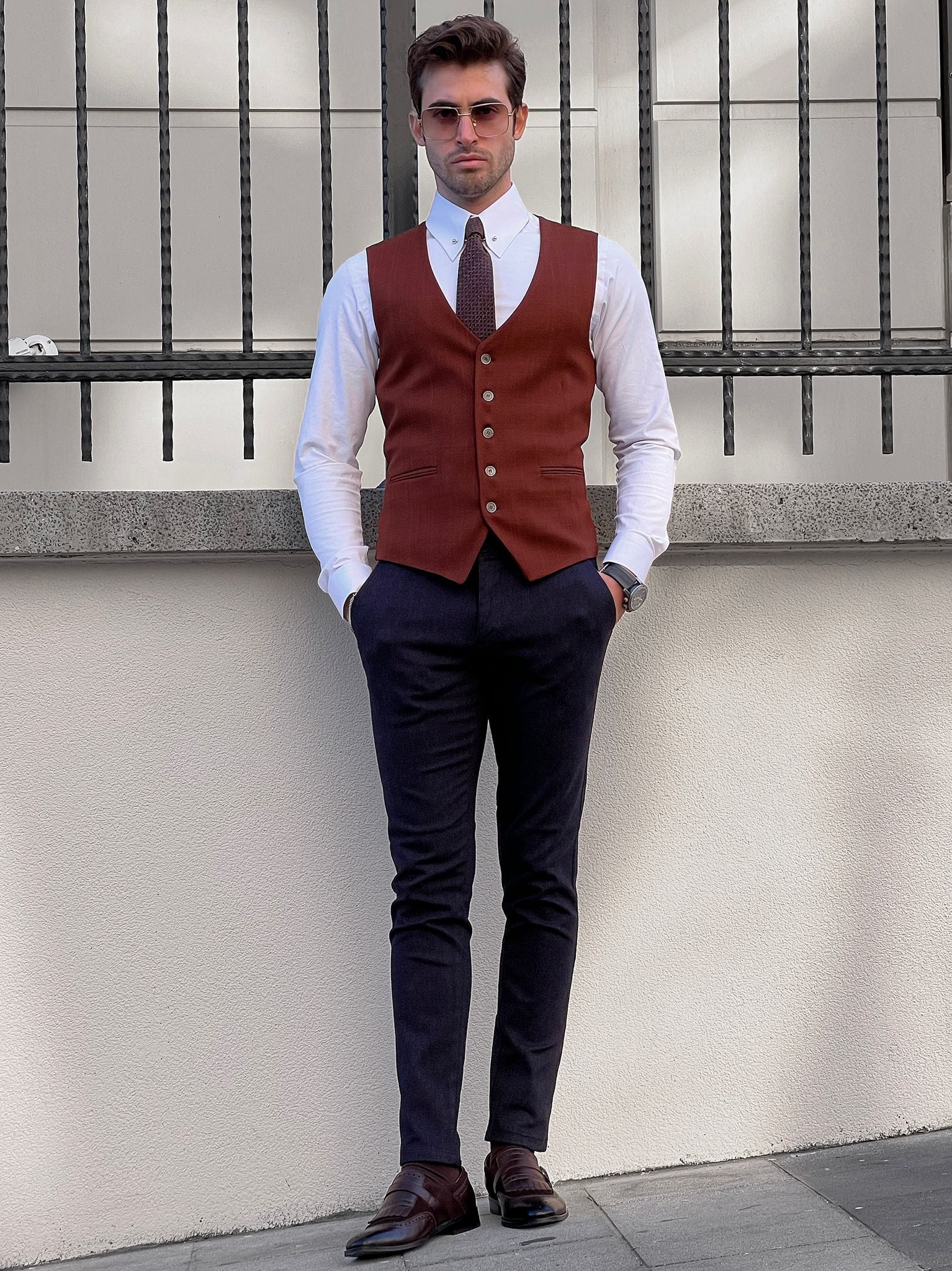 Slim Fit Brown Wool Waistcoat for Men.