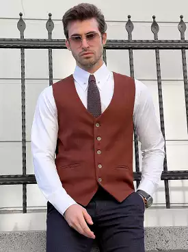 Slim Fit Brown Wool Waistcoat for Men.