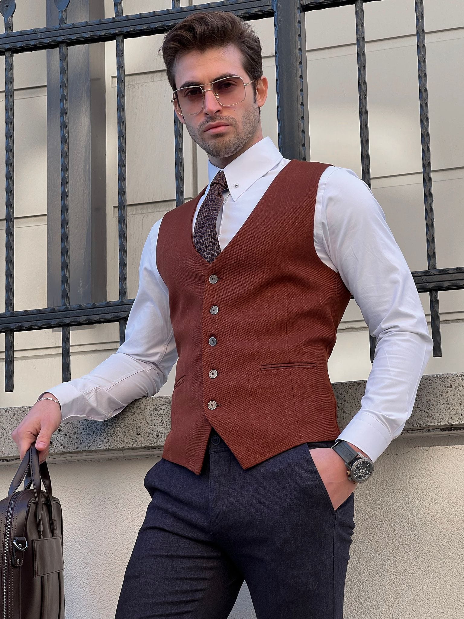 Slim Fit Brown Wool Waistcoat for Men.