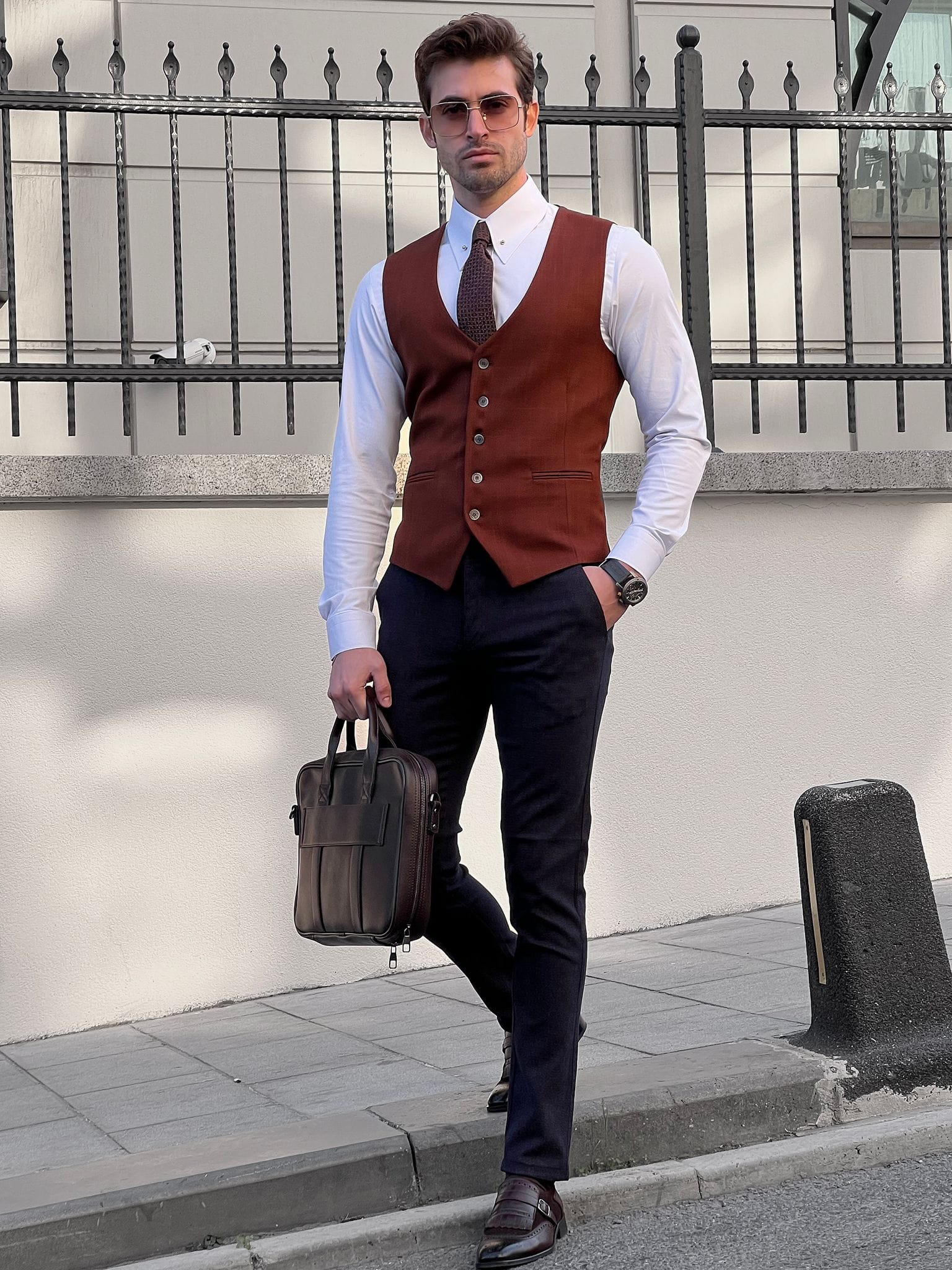 Slim Fit Brown Wool Waistcoat for Men.