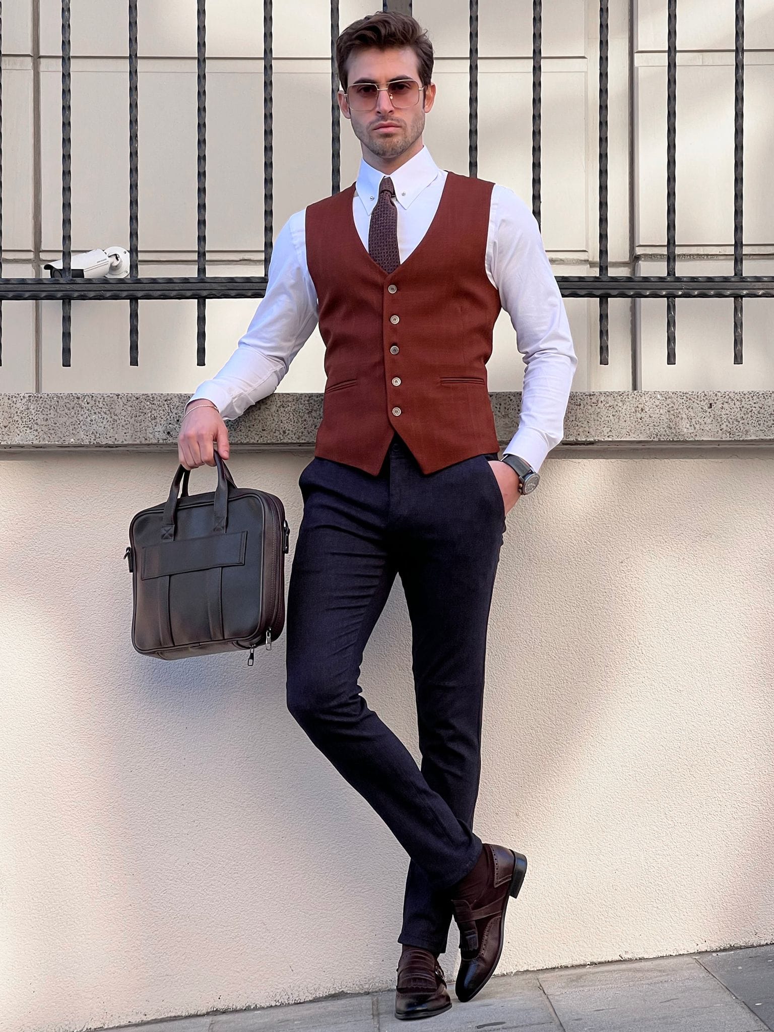 Slim Fit Brown Wool Waistcoat for Men.