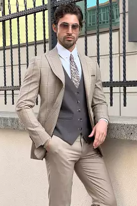 Slim-Fit Plaid Beige Wool Suit with Pointed Collar