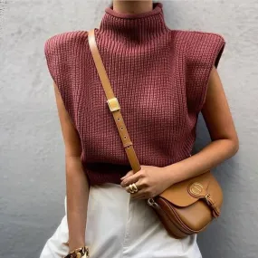 Solid Color Spandex Turtleneck Sleeveless Sweater | British Style | Regular Sleeve | Patchwork