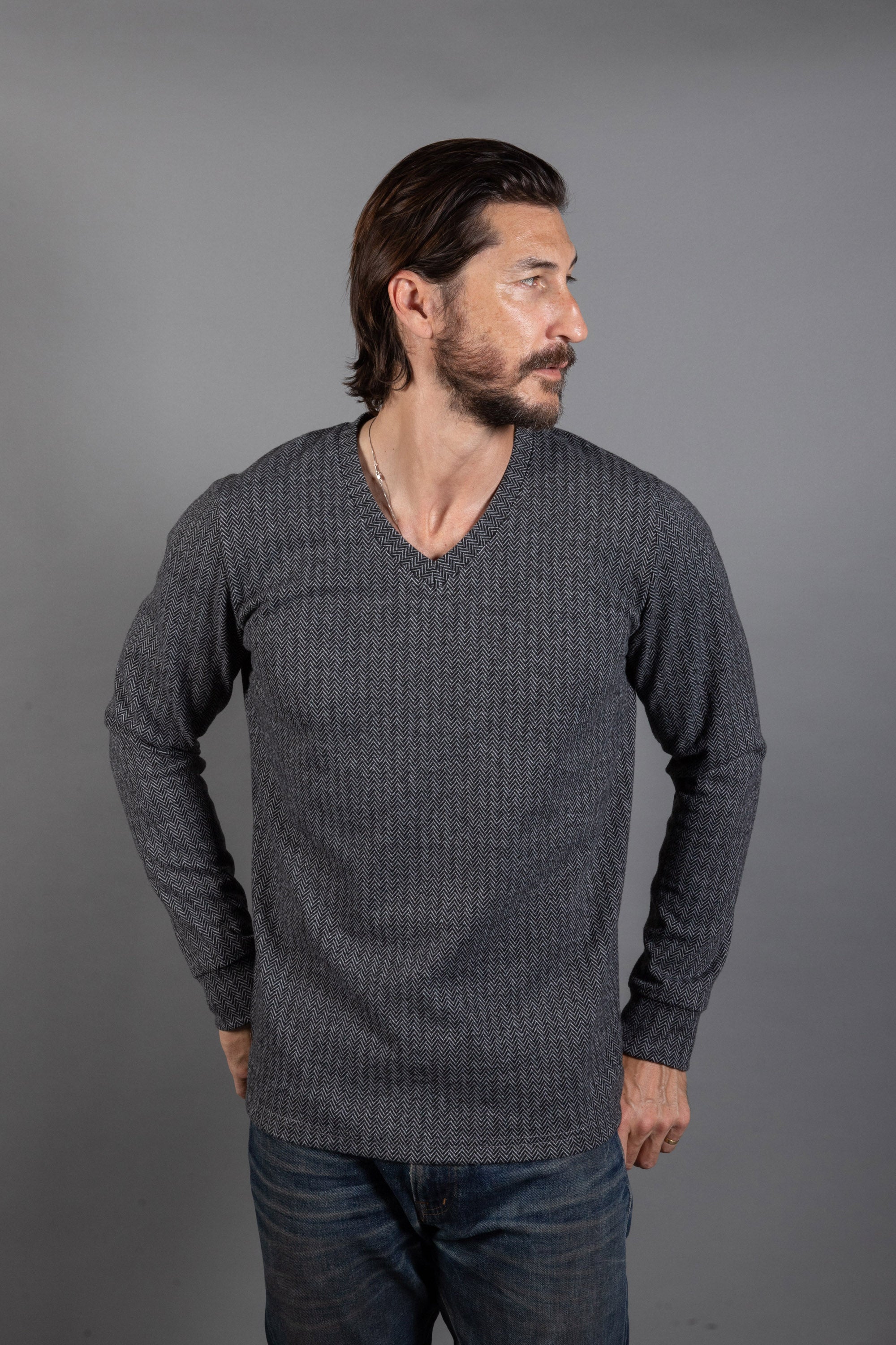 Spencer V-Neck Sweater, Herringbone Pattern