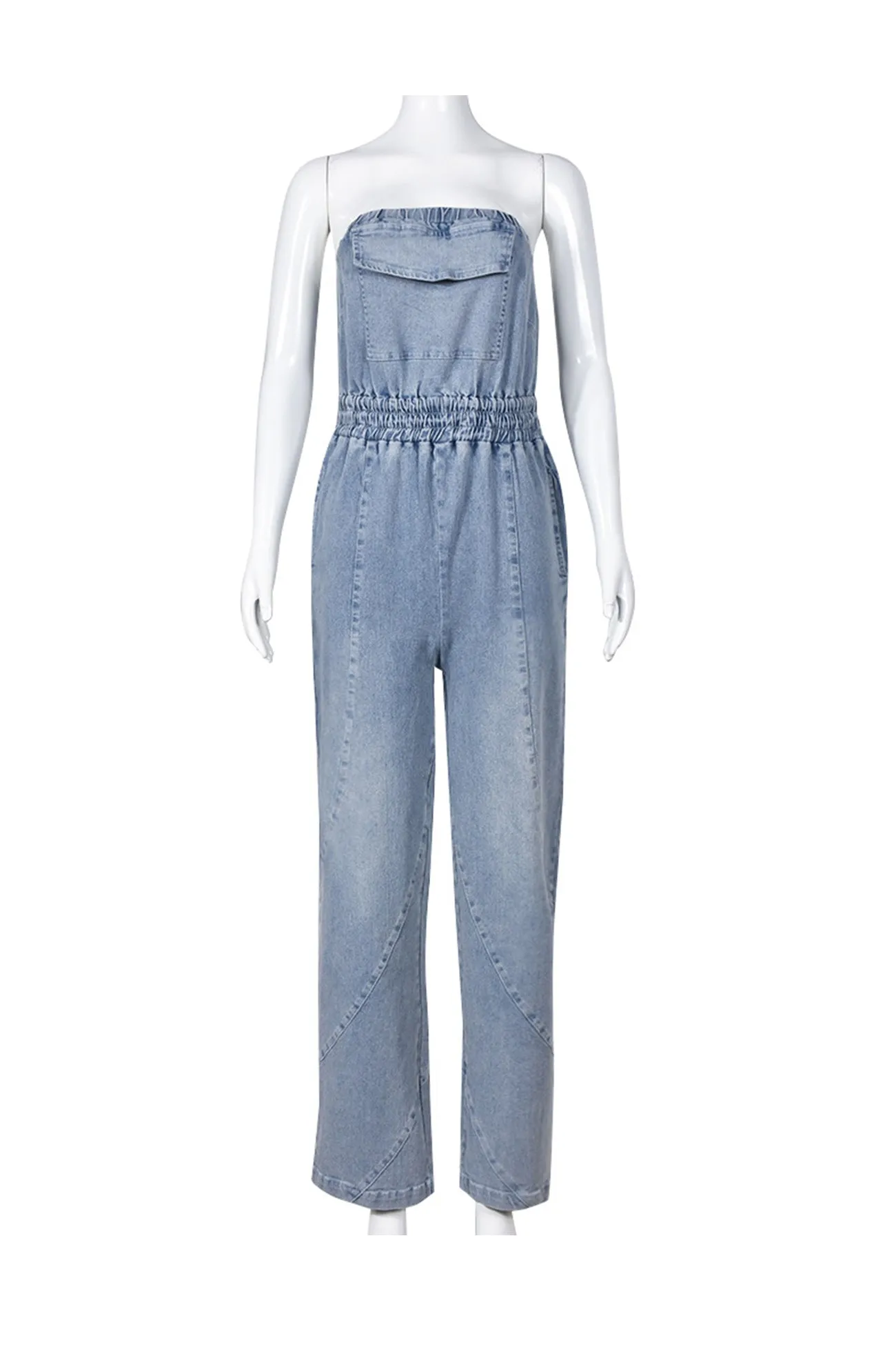 Off Shoulder Stretchy Waist Jeans Rompers