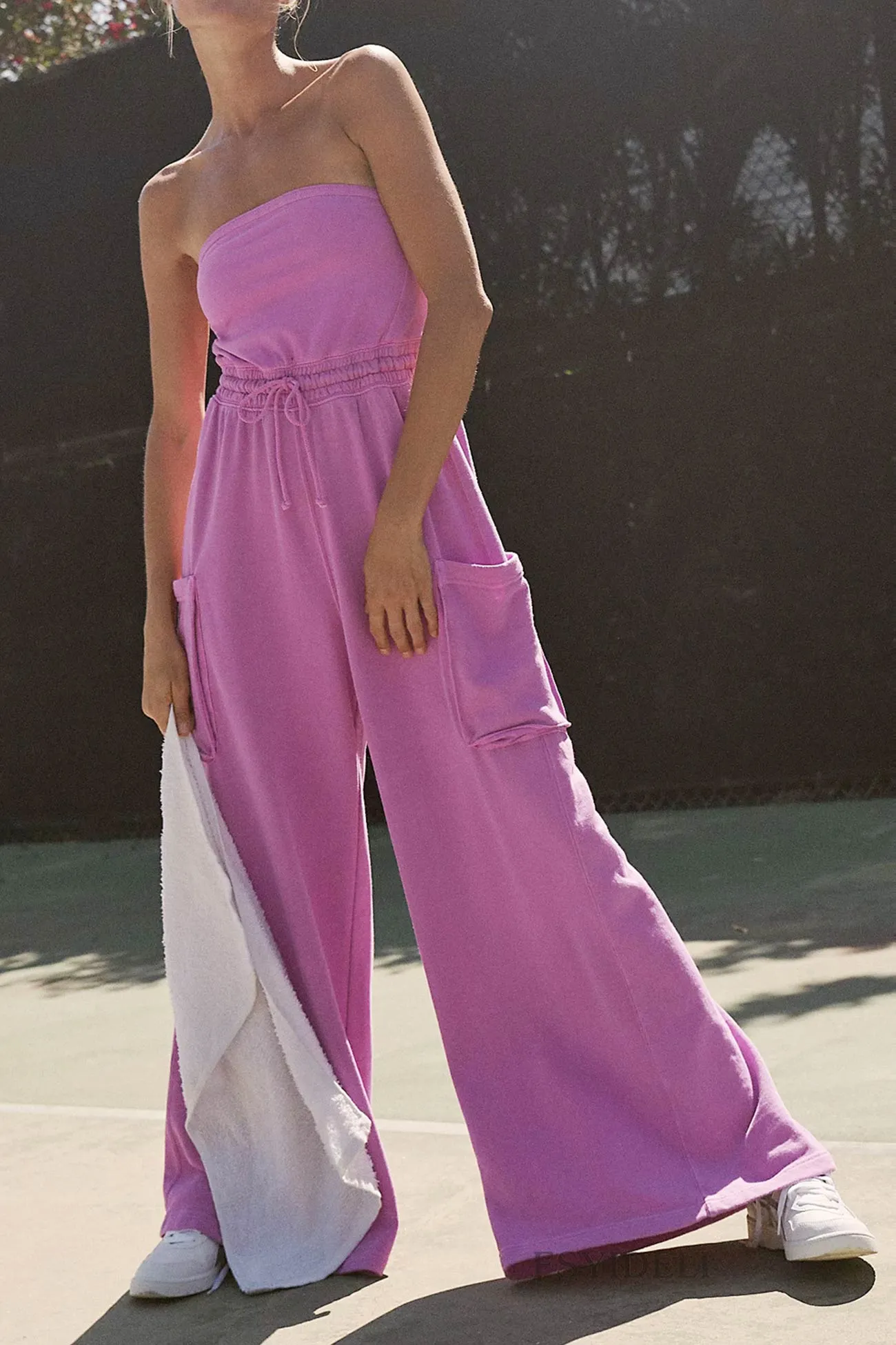 Pocketed Strapless Jumpsuits with Tie-Waist