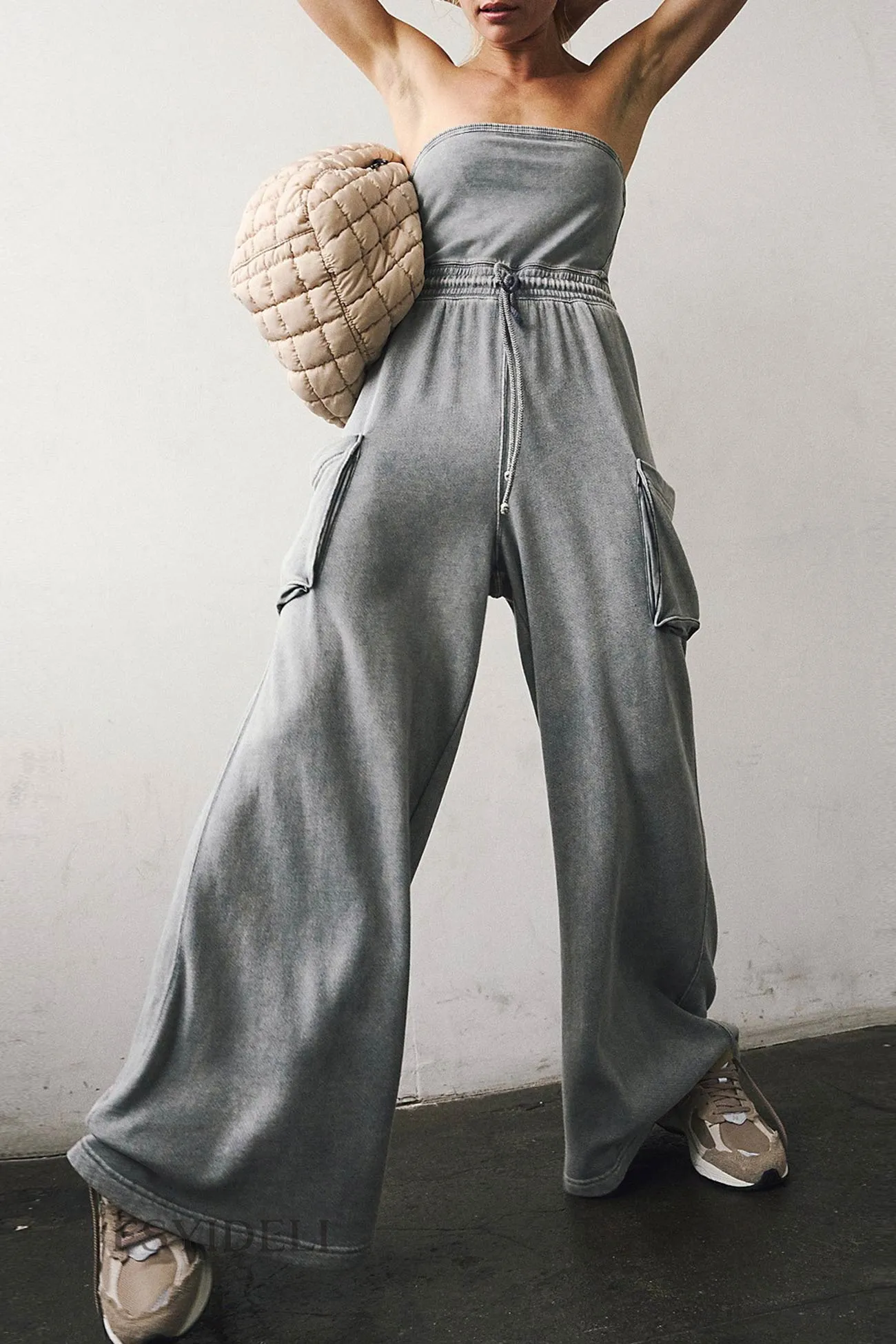 Pocketed Strapless Jumpsuits with Tie-Waist