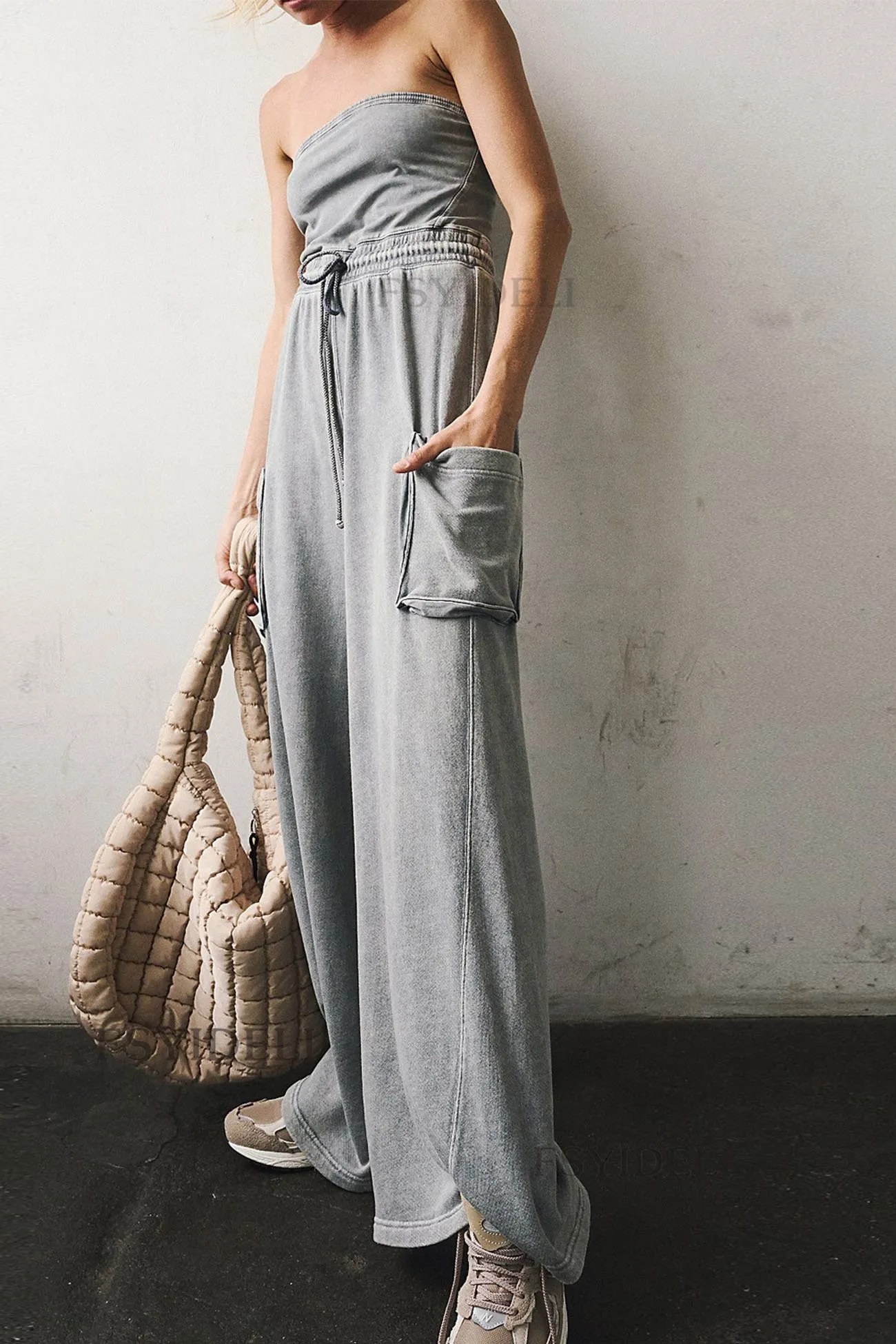 Pocketed Strapless Jumpsuits with Tie-Waist