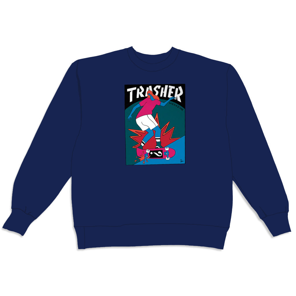 Trendy Navy Parra Hurricane Crew Sweatshirt by Thrasher