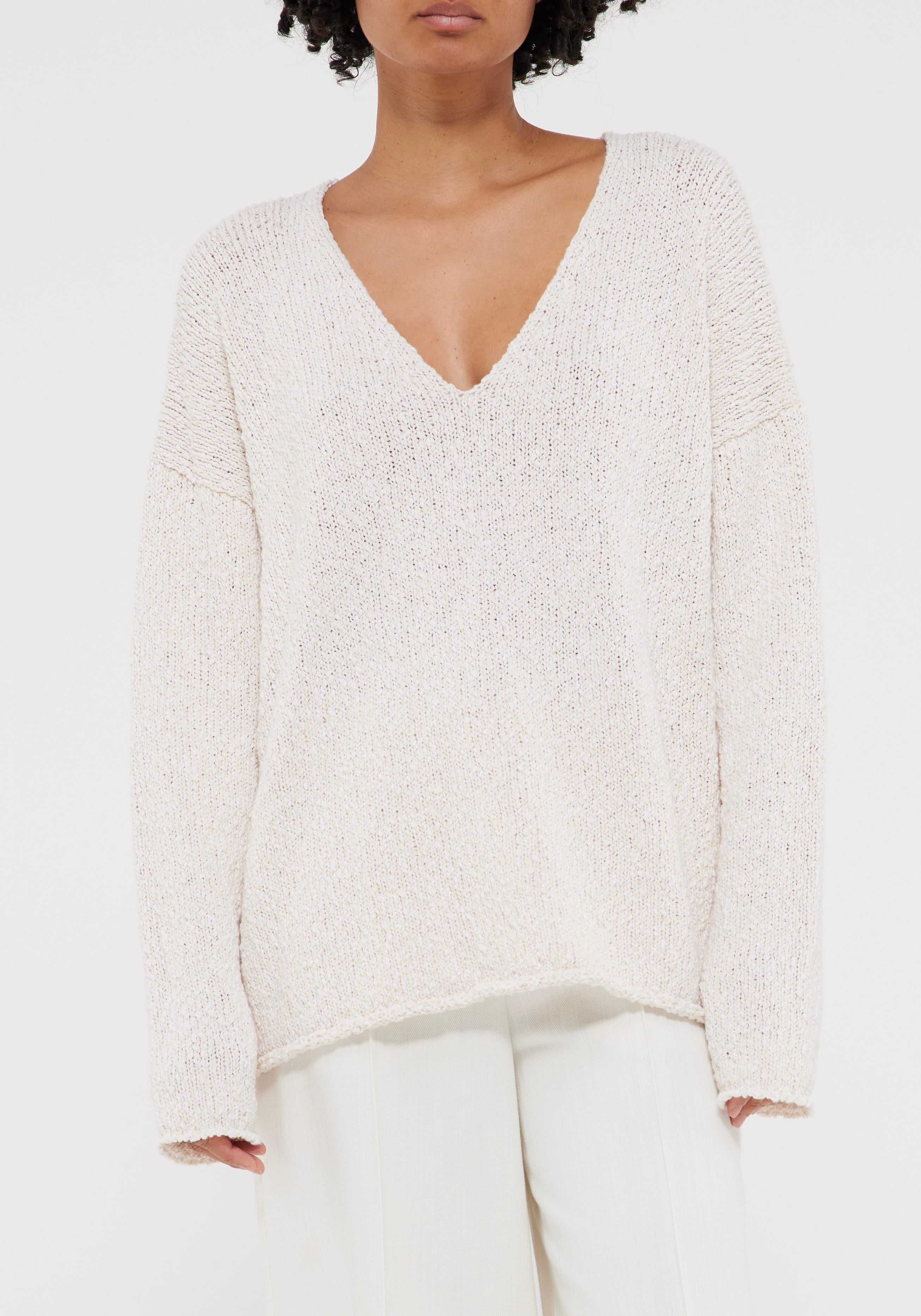 V-Neck Cream Sweater - Boucle Knit