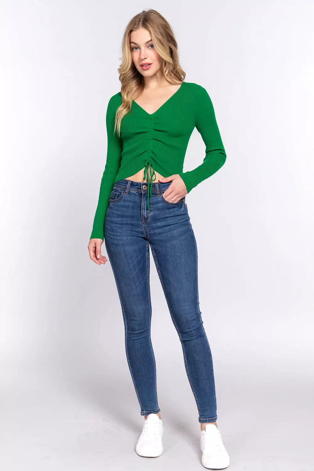 V-neck Green Sweater with Shirring and Tie Detail.