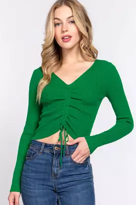 V-neck Green Sweater with Shirring and Tie Detail.