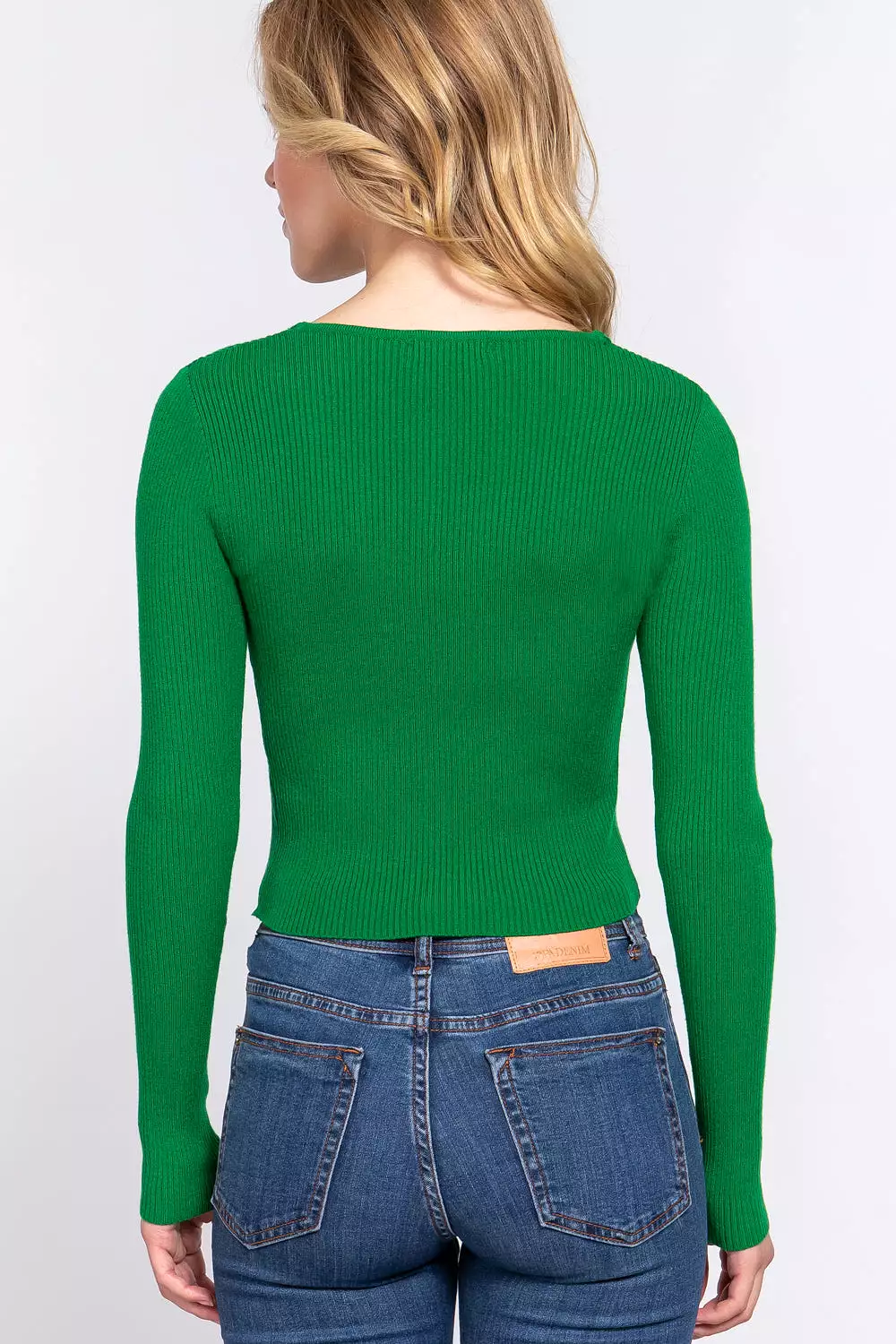 V-neck Green Sweater with Shirring and Tie Detail.