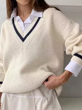 V-neck Pullover Sweater - Preppy Style