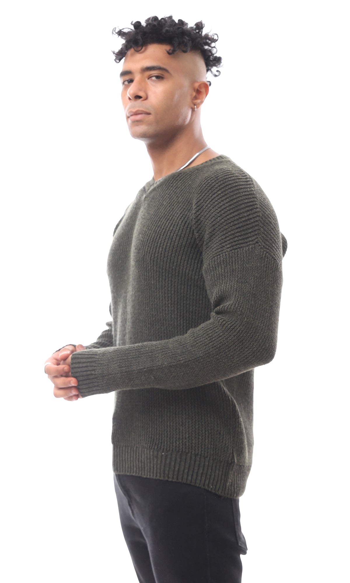 V-Neck Slip On Olive Acrylic Pullover