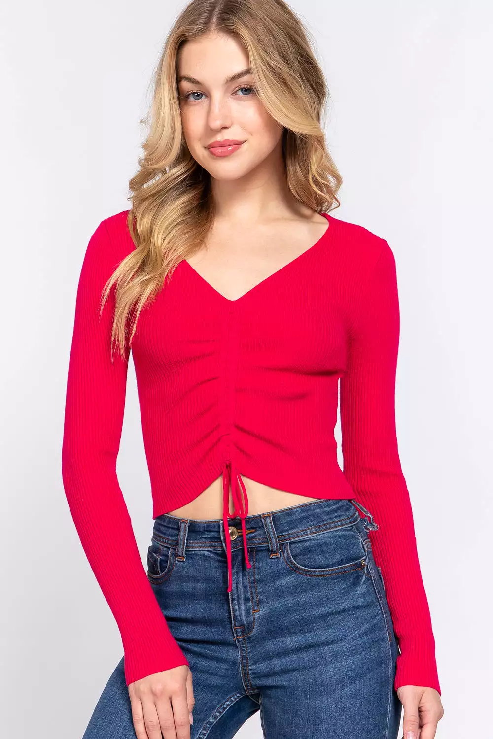 V-neck Sweater with Shirring and Tie Detail