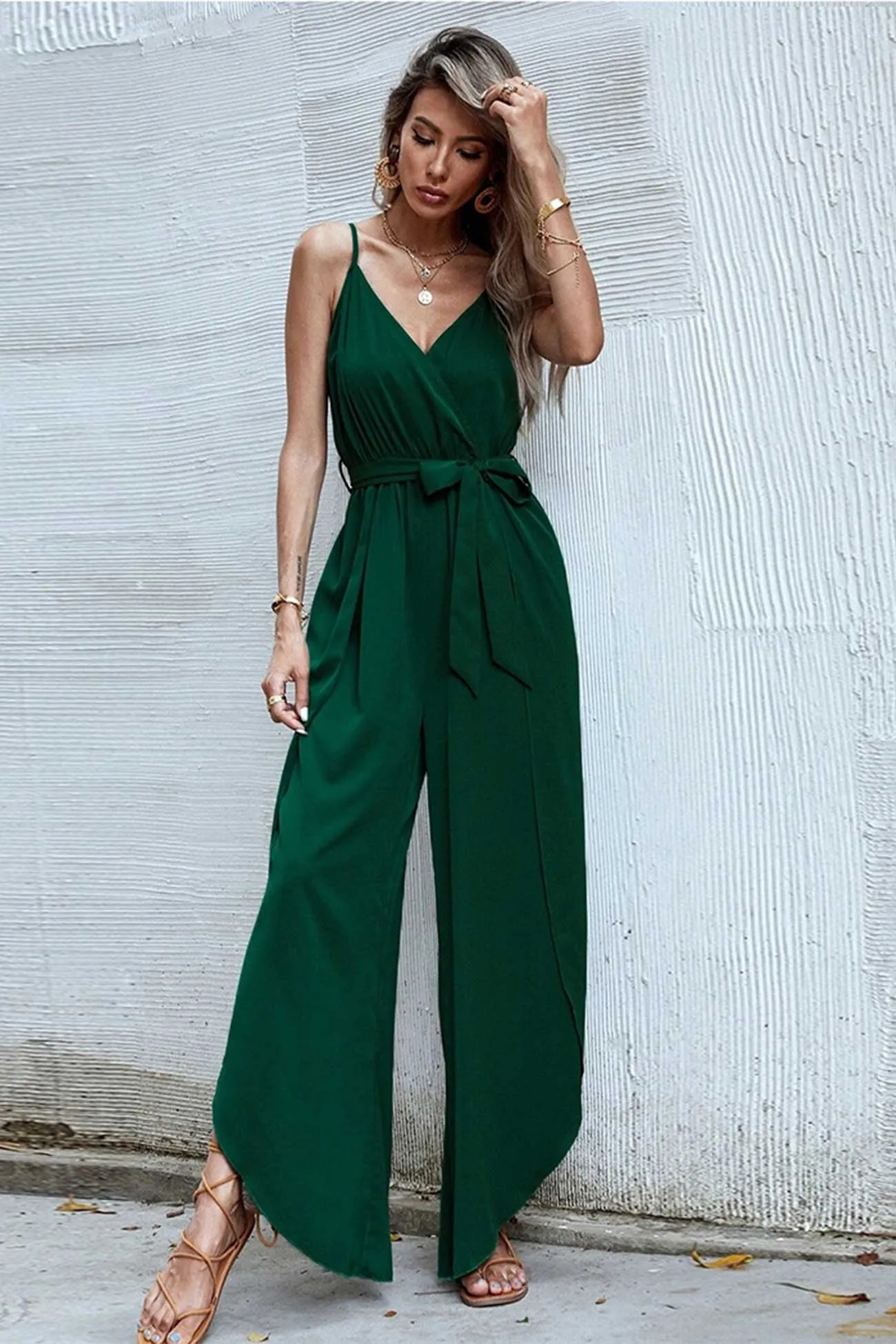 V-Neck High Waist Jumpsuit with Leg Slit