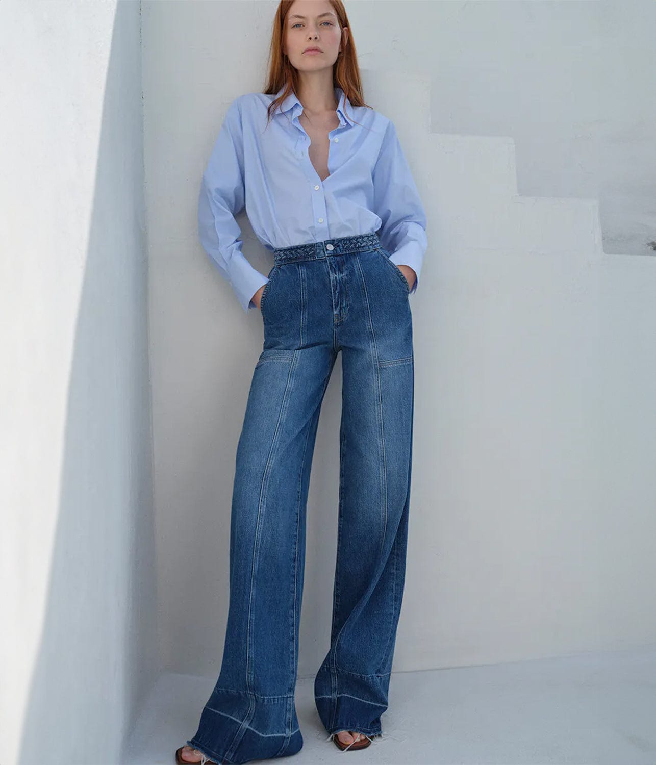 Waistband Wide Leg Jeans with Braided Detail in Dewdrop