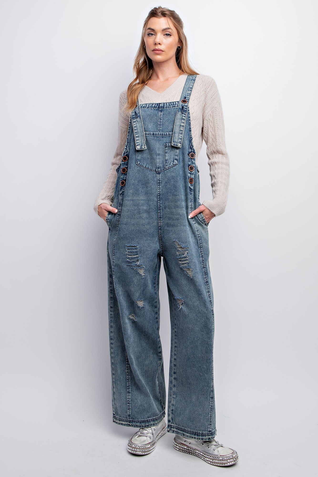 Washed Denim Loose Fit Jumpsuit