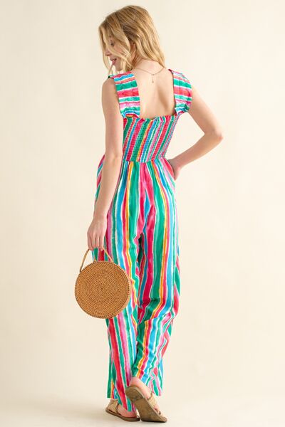 Why Full Size Striped Smocked Sleeveless Jumpsuit