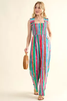 Why Full Size Striped Smocked Sleeveless Jumpsuit