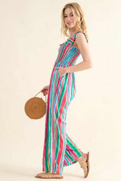 Why Full Size Striped Smocked Sleeveless Jumpsuit