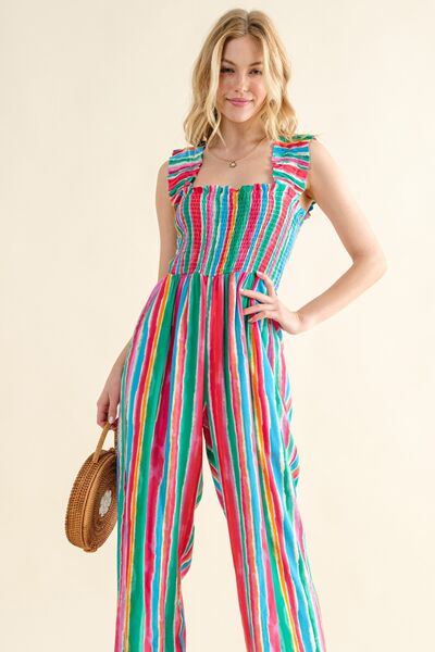 Why Full Size Striped Smocked Sleeveless Jumpsuit