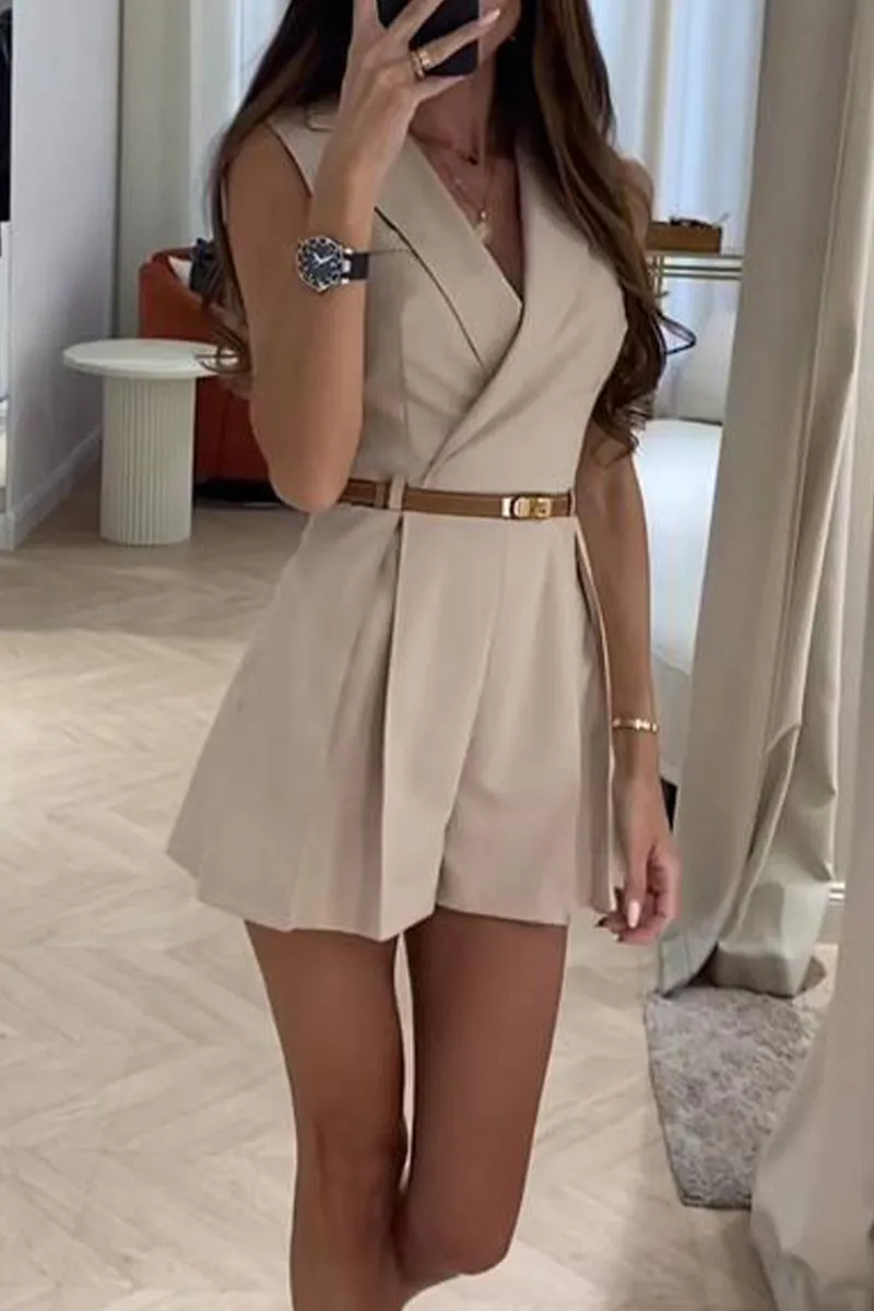 British Style Solid V Neck Rompers - Beltless