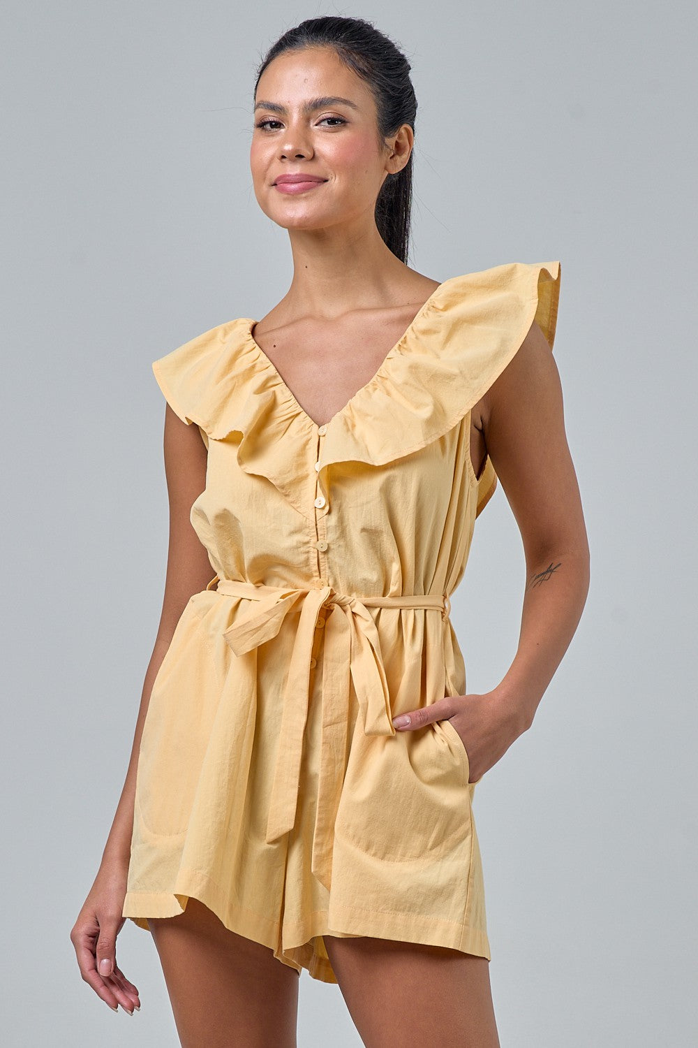 Yellow Tie Waist Romper with Ruffle Details