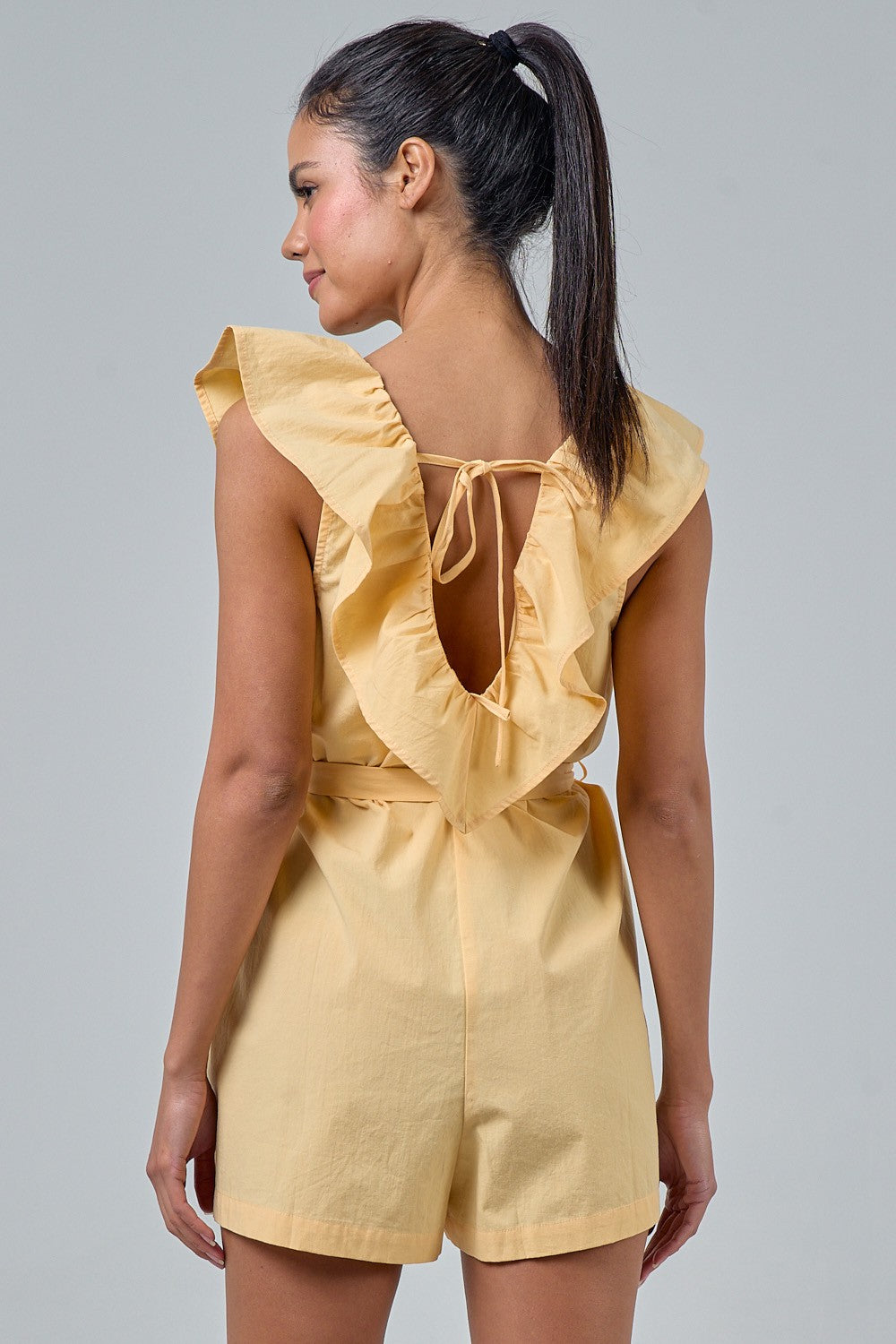 Yellow Tie Waist Romper with Ruffle Details