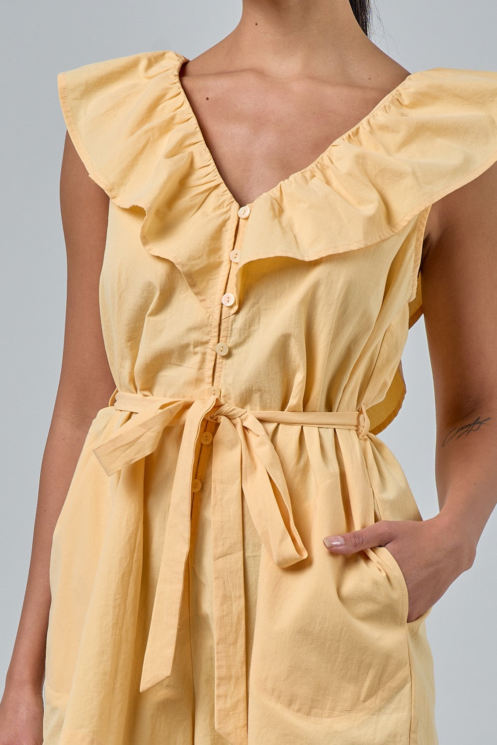 Yellow Tie Waist Romper with Ruffle Details